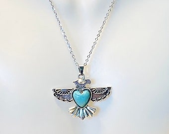 Phoenix Necklace Women, Turquoise Heart Necklace, Phoenix Chain Necklace, Southwest Jewelry, Silver Phoenix Necklace, Gift for Her