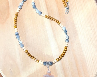 Natural Stone Cross Necklace, Wood Bead Surfer Necklace, Religious Jewelry