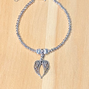 Angel Wing Beaded Bracelet, Silver Angel Wing Charm Bracelet, Double Angel Wing Bracelet, Memorial Bracelet Women