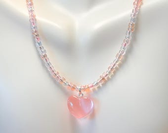 Pink Acrylic Heart Necklace, Pink Gummy Heart Necklace, Girls Bead Necklace, Pink Tones Bead Necklace, Teen Girl Necklace, Gifts for Her