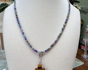 Women’s Boho Tiger Eye Cross Necklace, Beaded Cross Necklace, Czech Picasso Beaded Cross Necklace, Boho Women’s Necklace