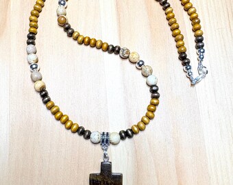 Tiger Eye Cross Wood Bead Necklace, Wood Bead Boho Cross Necklace, Tiger Eye Cross Necklace