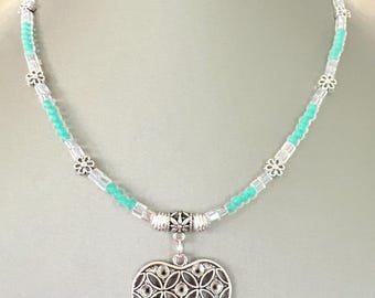 Ornate Heart Pendant Necklace, Matte Mint Green Beads, Silver Heart Pendant Necklace, Beach Jewelry, Statement Necklace