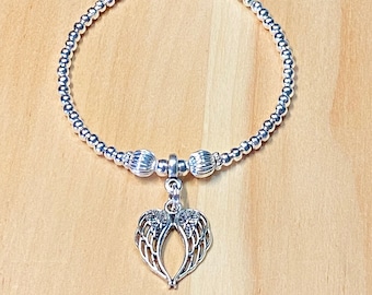 Bracciale con perline a forma di ali d'angelo, bracciale con ciondolo a forma di ali d'angelo in argento, bracciale con doppie ali d'angelo, bracciale commemorativo con perline in argento da donna