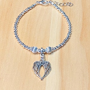 Angel Wing Beaded Bracelet, Silver Angel Wing Charm Bracelet, Double Angel Wing Bracelet, Silver bead Memorial Bracelet Women