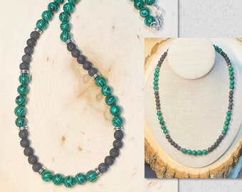 Collier de perles pour homme, collier surfeur, collier homme en malachite verte, collier en pierre de lave noire, collier de perles unisexe, bijoux en malachite verte