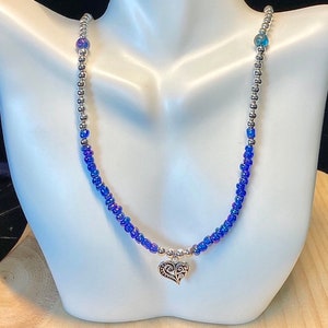 Heart Necklace Women, Silver Heart Beaded Necklace, Blue Swirl Beaded Necklace, Blue Jewelry, Gifts for Her
