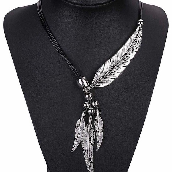 Womens Silver Feather Necklace, Black Corded Feather Necklace, Tribal Jewelry, Southwest Necklace, Southwest Jewelry, Gifts for Her