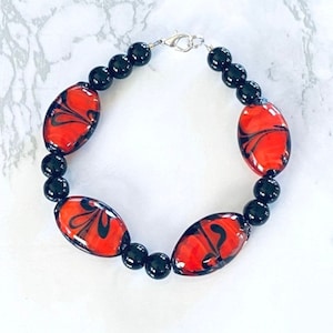 Red and Black Beaded Bracelet, Womens Chunky Bracelet, Red Bead Bracelet and Earrings, Black Beaded Bracelet Set, Moms Gifts, Gifts for Her