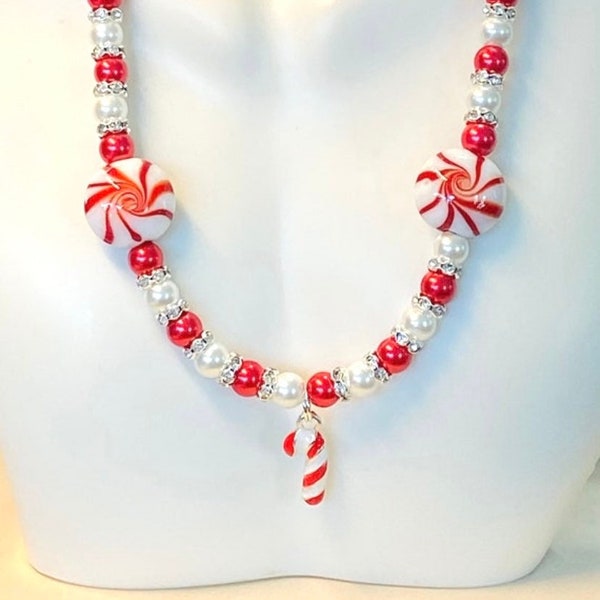 Peppermint Candy Necklace, Candy Cane Necklace, Christmas Candy Necklace, Girls Christmas Gift, Christmas Necklace