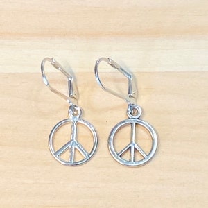 Peace Sign Earrings, Silver Peace Sign Earrings, Silver Peace Leverback Earrings, Gifts for Her, 60s jewelry, hippie earrings image 2