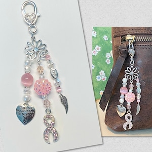 Breast Cancer Purse Charm, Breast Cancer Bag Charm, Pink Crystal Purse Charm, Pearl Purse Charm, Survivor Purse Charm, Pink Ribbon Charm