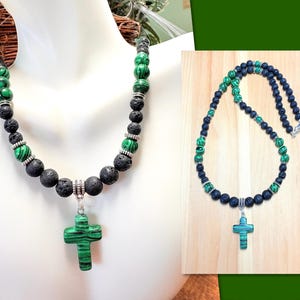 May include: A necklace with a cross pendant. The necklace combines black lava rock beads and green malachite beads. The cross pendant is green malachite. The necklace is displayed on a white mannequin.