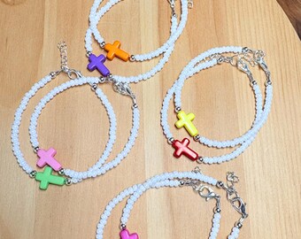 Easter Beaded Bracelet, Acrylic Cross Bracelet, Easter Basket Gift, White Bead Bracelet, Cross Bead Bracelet, Spring Bracelet