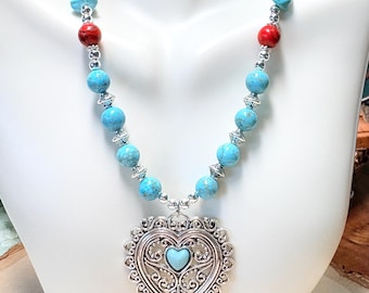 Southwest Turquoise Necklace Women, Turquoise Statement Necklace, Turquoise Chip Necklace, Red and Turquoise Beaded Necklace
