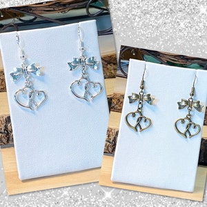 Silver Heart Earrings, Double Heart Earrings, Silver Bow Dangle Earrings,  Bow Heart Earrings, Statement Earrings, Gifts for Her