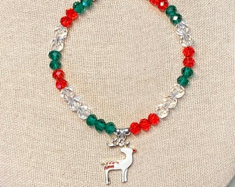 Christmas Bead Bracelet, Reindeer Bead Bracelet, Holiday Bracelet, Crystal Holiday Bracelet, Red Crystal Bracelet, Christmas Jewelry
