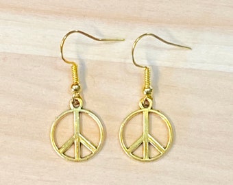 Peace Sign Earrings, Gold Peace Sign Earrings, 60s jewelry, hippie earrings, gifts for her