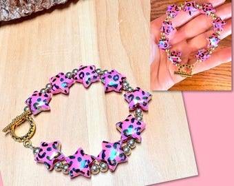 Pink Leopard Star Bracelet, Pink Star Bracelet, Pink Leopard Bracelet, Star Bracelet Beaded, Gifts for her
