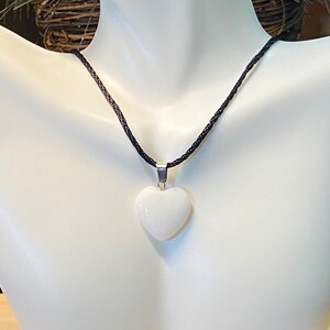 White Stone Heart Pendant Necklace, White Stone Necklace, Stone Heart Necklace, Black Satin Braided Necklace, Corded Choker, Gift for Her
