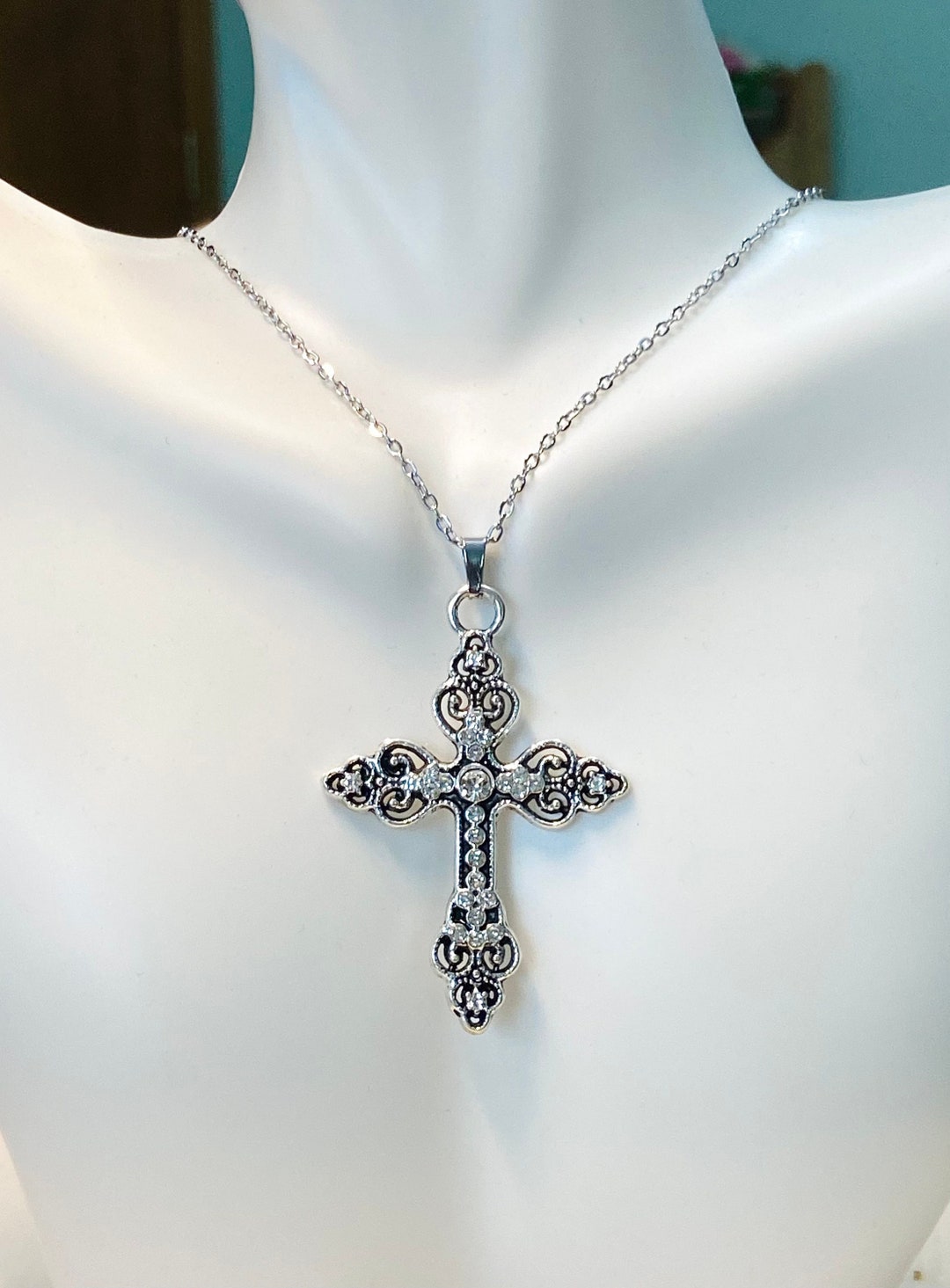 Vintage Inspired Ornate Cross Choker, Rhinestone Cross Necklace, Ornate ...