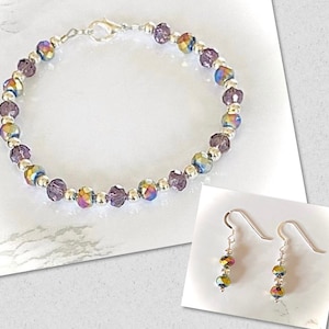 Lila schillernde Kristall Armband und passende Ohrringe, Kristall Armband Lila, Statement Armband, Lila Kristall Armband