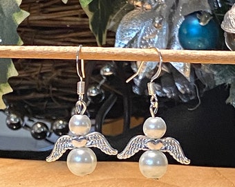 Pendientes de perlas, pendientes de ángel de plata, pendientes de ángel para mujer, joyería conmemorativa, joyería de ángel, regalos para ella