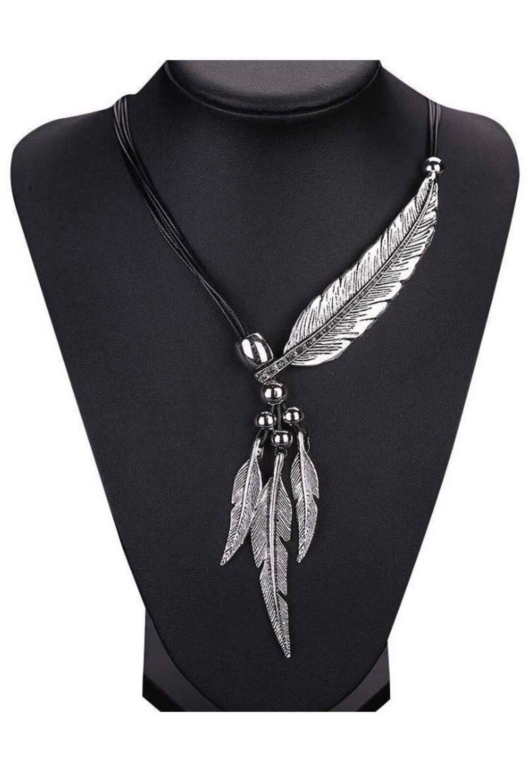 Silver & Black Leather Feather Beaded Necklace