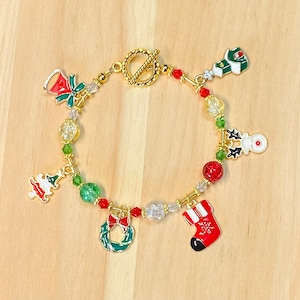Pulsera de encanto de Navidad, pulsera de encanto de Navidad de oro, pulsera de Navidad, pulsera de corona, pulsera de encanto de cuentas de crujido, regalo de Navidad