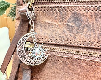 Sun Moon Purse Charm, Celestial Purse Charm, Crescent Moon Purse Charm, Silver Crescent Moon Purse Charm, Silver Handbag Bling
