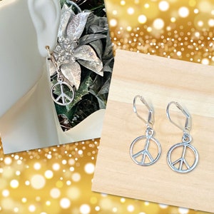 Peace Sign Earrings, Silver Peace Sign Earrings, Silver Peace Leverback Earrings, Gifts for Her, 60s jewelry, hippie earrings image 1