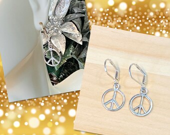Peace Sign Earrings, Silver Peace Sign Earrings, Silver Peace Leverback Earrings, Gifts for Her, 60s jewelry, hippie earrings