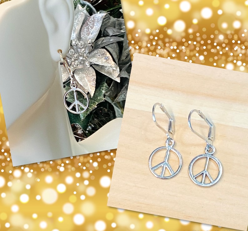 Peace Sign Earrings, Silver Peace Sign Earrings, Silver Peace Leverback Earrings, Gifts for Her, 60s jewelry, hippie earrings image 1