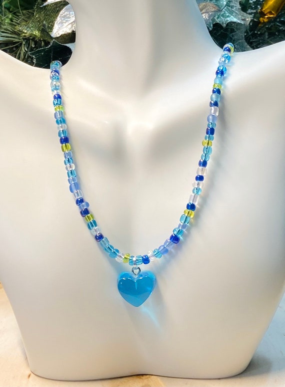 Beaded Necklace - Blue Heart Beaded Necklace - Blue Heart