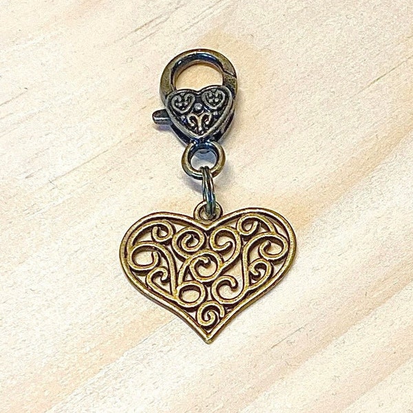 Bronze Heart Purse Charm, Heart Purse Charm, Bronze Handbag Bling, Bronze Heart Zipper Pull, Gift for Her, Christmas Gift Women