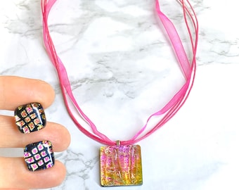 Dichroic Fused Glass Pendant, Dichroic Glass Jewelry, Dichroic Necklace, Mosaic, Bohemian Necklace, Dichroic Earrings