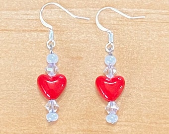 Red Heart Earrings, Crystal Earrings, Valentine Heart Earrings, Valentines Jewelry, Silver Valentine Earrings, Heart Earrings, Gifts for Her