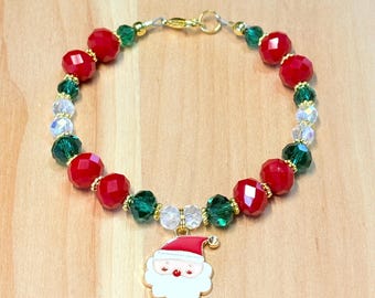 Pulsera navideña para mujer, pulsera de cuentas navideñas, pulsera de Papá Noel, pulsera de cristal navideña, joyería navideña