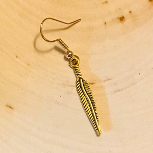 Single Mens Dangle Earring, Mens Gold Feather Earring, Single Earring Men, Symbol Amulet Men, Talisman Dangle