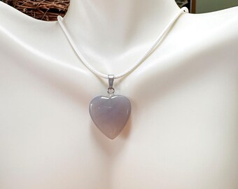Gray Agate Heart Pendant Necklace, Natural Gray Stone Necklace, Stone Heart Necklace, White Cord Agate Necklace, Corded Choker