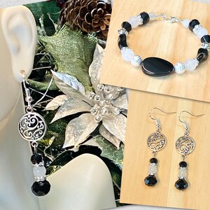 Bracelet and Earrings Set, Black Crystal Bracelet, Crystal Bracelet Set, Black White Bracelet, Black Crystal Earrings, Statement Jewelry
