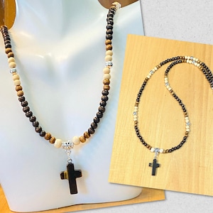 Wood Bead Cross Necklace, Tiger Eye Cross Necklace,  Mens Bead Necklace, Surfer Necklace, Beaded Wood Necklace Men, Religious Jewelry