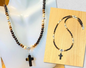 Wood Bead Cross Necklace, Tiger Eye Cross Necklace,  Mens Bead Necklace, Surfer Necklace, Beaded Wood Necklace Men, Religious Jewelry