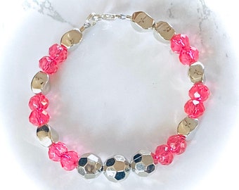 Pink Crystal Bracelet, Crystal Bracelet Women, Silver Bracelet, Crystal Bracelet Pink, Pink Jewelry, Gifts for Her