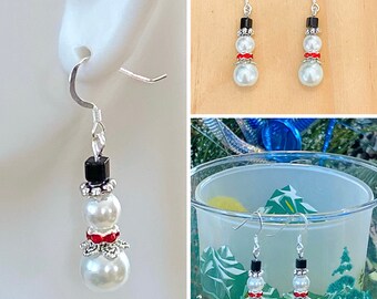 Snowman Earrings, Christmas Earrings, Pearl Snowman Earrings, Holiday Earrings, Secret Santa Gift, Gifts for Her