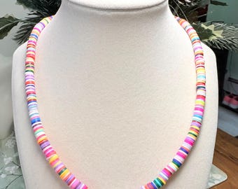 Vinyl polymer clay heishi bead necklace, surfer beach girl necklace, Multicolor heishi necklace, heishi necklace, beach necklace