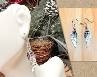 Angel Wing with Rose Earrings, Silver Angel Wing Earrings, Guardian Angel Wing Earrings, Memorial Jewelry, Angel Wing Jewelry, Gifts for Her