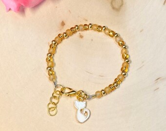 Cat Bracelet, Toddler Bracelet, Girls Gold Bead Bracelet, Girls Cat Bead Bracelet, Kitty Bracelet, kids jewelry, granddaughter gift