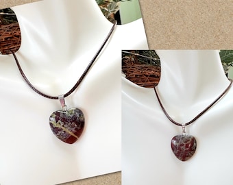 Dragons Blood Jasper Heart Pendant Necklace, Natural Jasper  Stone Necklace, Stone Heart Necklace, Brown Cord Agate Necklace, Corded Choker
