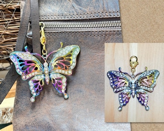 Zawieszka do torebki w kształcie motyla, kryształowa zawieszka do torebki w kształcie motyla, opalizująca zawieszka do torebki w kształcie motyla, błyskotka do torebki, biżuteria z motylami